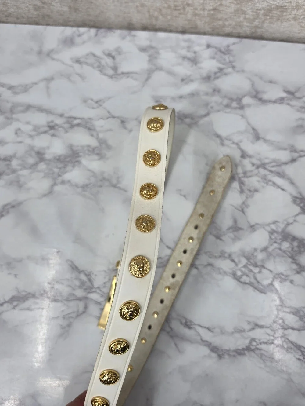 Vintage White Italian Leather Belt with Gold Tone Lion Head Medallion Studs